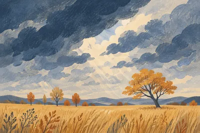 Golden Prairie Beneath Dramatic Storm Clouds