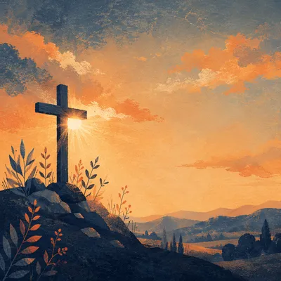 Cross Silhouette on Hill at Sunset