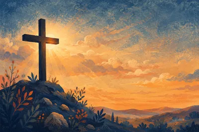 Cross Silhouette on Hill at Sunset