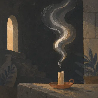 Dramatic Candle Smoke in Stone Sanctuary