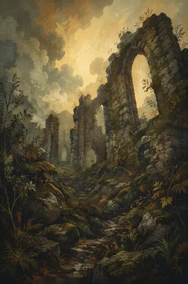 Dark Moody Medieval Ruin with Smoky Sky