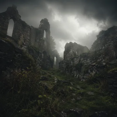 Dark Moody Medieval Ruins with Smoke