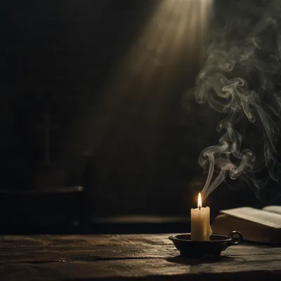 Dramatic Candle Smoke in Quiet Chapel