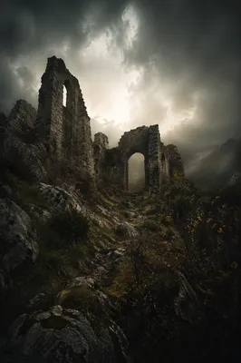 Moody Medieval Ruins with Smoky Sky