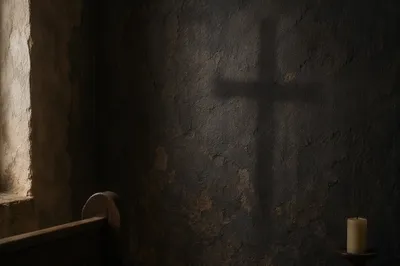 Subtle Cross Shadow on Dark Chapel Wall