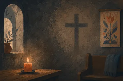 Subtle Cross Shadow on Dark Chapel Wall