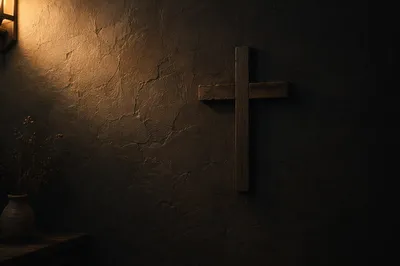 Subtle Wooden Cross on Dark Textured Wall