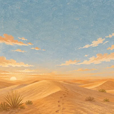 Golden Hour Desert Dunes Under Vast Sky