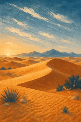 Golden Hour Desert Dunes Under Vast Sky
