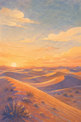 Golden Hour Desert Dunes Under Vast Sky