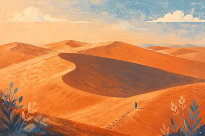 Golden Hour Desert Dunes Under Vast Sky