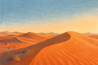 Golden Hour Desert Dunes Under Vast Sky