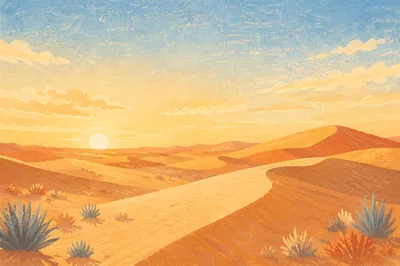 Golden Hour Desert Dunes Under Vast Sky