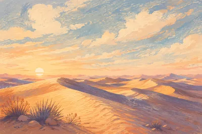 Golden Hour Desert Dunes Under Vast Sky