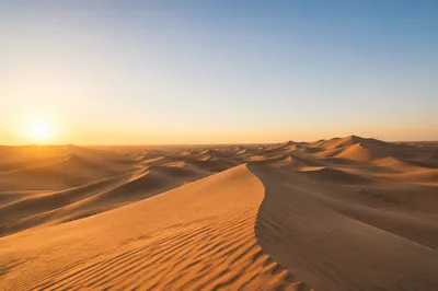Golden Hour Desert Dunes Under Vast Sky