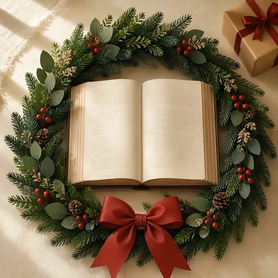 Open Book with Evergreen Wreath and Gift
