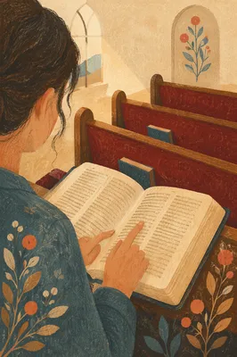 Reading Open Scripture Book in Warm Chapel
