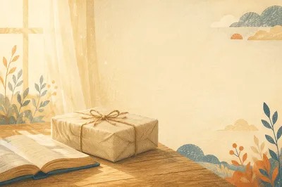 Linen Wrapped Parcel Beside Open Book