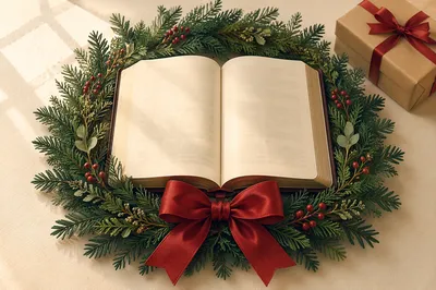 Open Book with Evergreen Wreath and Gift