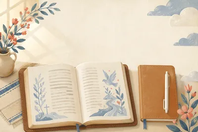 Open Study Book and Leather Notebook