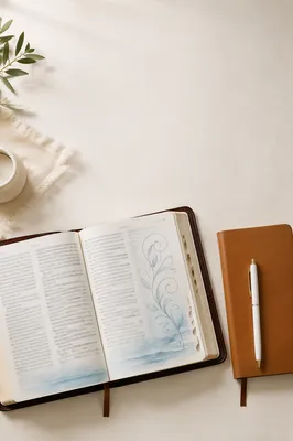 Open Study Book and Leather Notebook