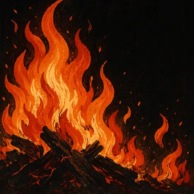 Dark Dramatic Flames Over Charred Wood
