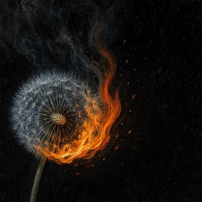 Dandelion Seeds Framed by Dramatic Flames