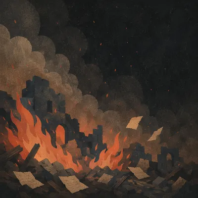 Dark Dramatic Flames Over Ruined Stone