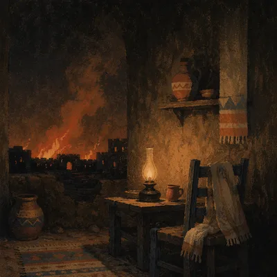 Dark Firelit Room with Oil Lamp