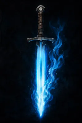 Glowing Sword Amid Dark Blue Flames