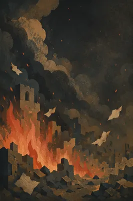 Dark Dramatic Flames Over Ruined Stone