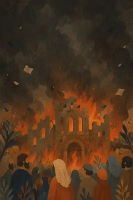 Dramatic Flames Over Ruined Stone Facade