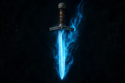 Glowing Blue Sword in Dark Flames