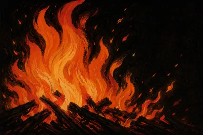 Dark Dramatic Flames Over Charred Wood