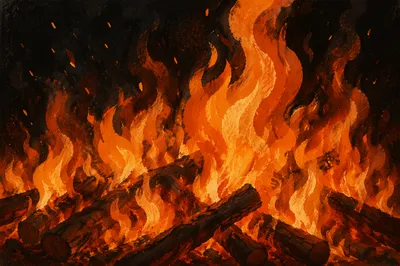 Dark Dramatic Flames Over Charred Wood