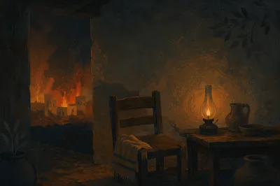 Dark Firelit Interior with Empty Wooden Chair