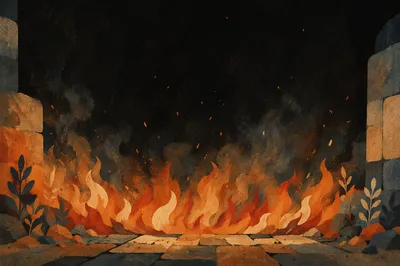 Dramatic Fire Background in Dark Stone Interior