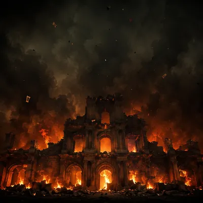Dark Dramatic Fire and Ruined Stone Facade