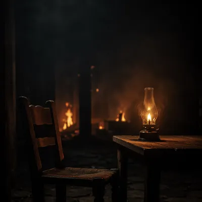 Dramatic Firelit Chair in Dark Interior