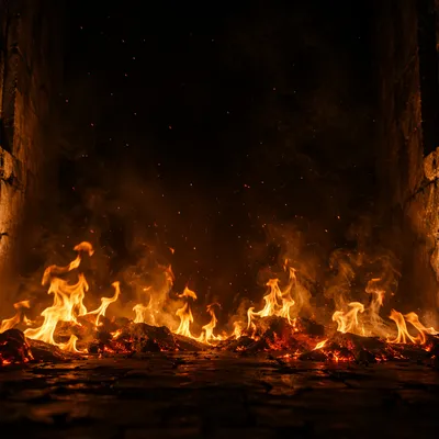 Dramatic Fire Flames in Dark Stone Interior