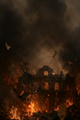 Dark Dramatic Flames Over Ruined Stone Facade