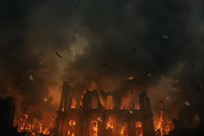 Dark Dramatic Flames Behind Ruined Stone Facade