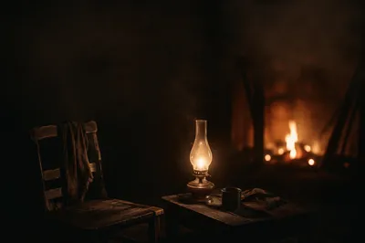 Dark Firelit Room with Oil Lamp