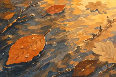 Golden Water Ripples with Autumn Leaves
