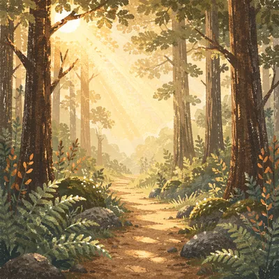Sunlit Forest Path Through Morning Mist