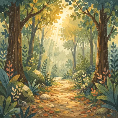 Forest Path with Morning Light Rays