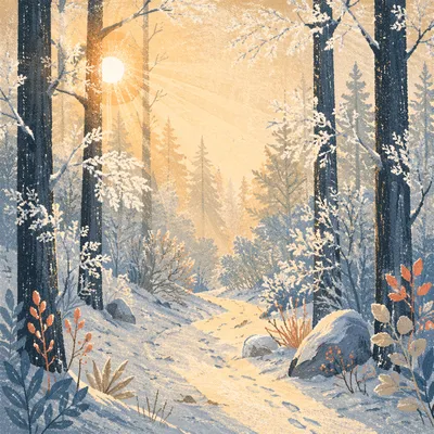 Winter Forest Path with Golden Light Rays