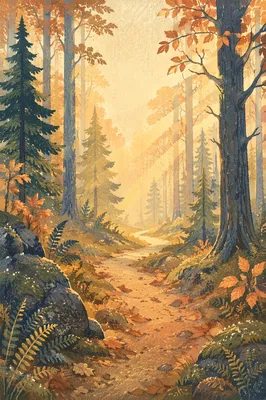 Peaceful Forest Path with Morning Light Rays