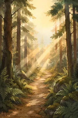 Forest Path with Morning Light Rays