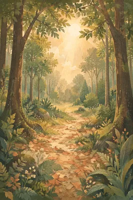 Sunlit Forest Path Through Dense Woodland